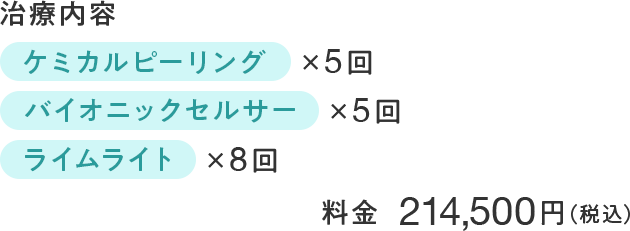 ケミカルピーリング×5回 バイオニックセルサー×5回 ライムライト×8回 214,500円(税込)